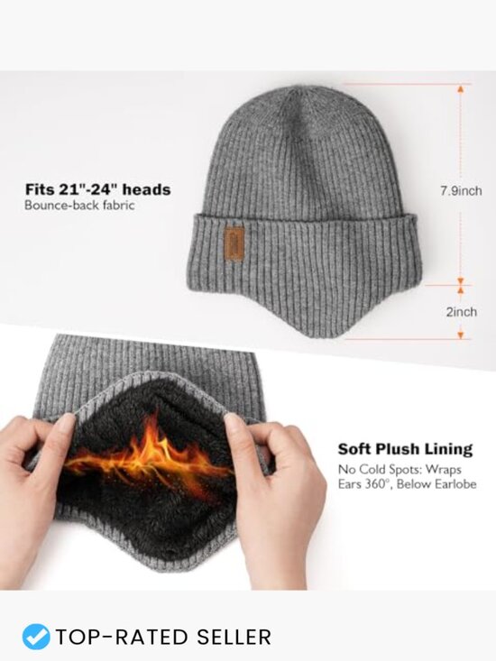 Fleece Lined Winter Beanie with Earflaps Windproof Thermal Knit Hat Cold Weather main image 7